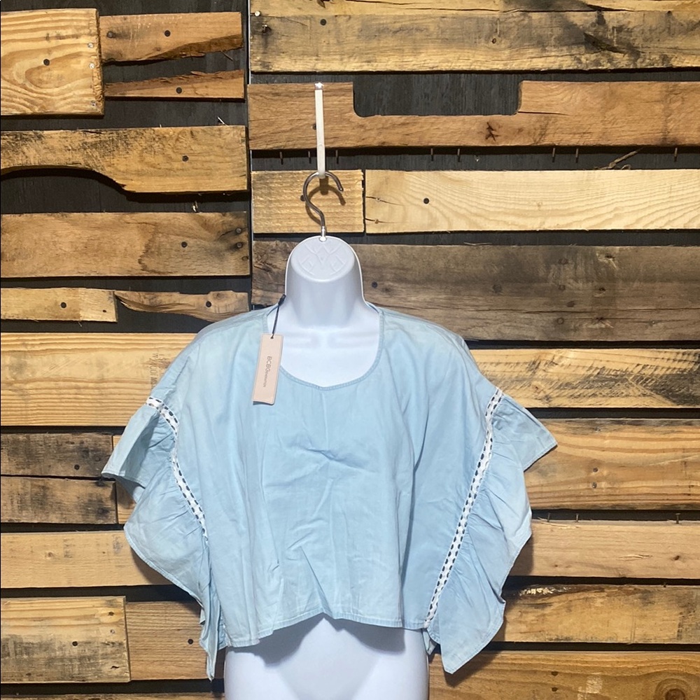 BCBGeneration Women's Light Blue‎ Cropped Cotton Ruffle Sleeve Top Small NWT